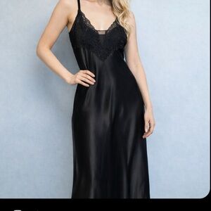 Vintage Gold Label Victoria’s Secret Black Satin Lace Slip  Dress Gown Size S